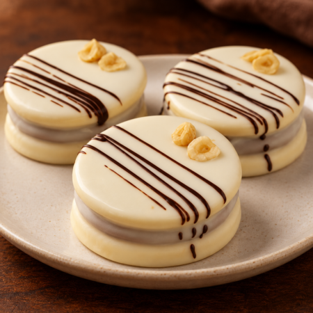 Alfajores de avellanas sin gluten de RecoBeco con cobertura blanca y decoración de chocolate