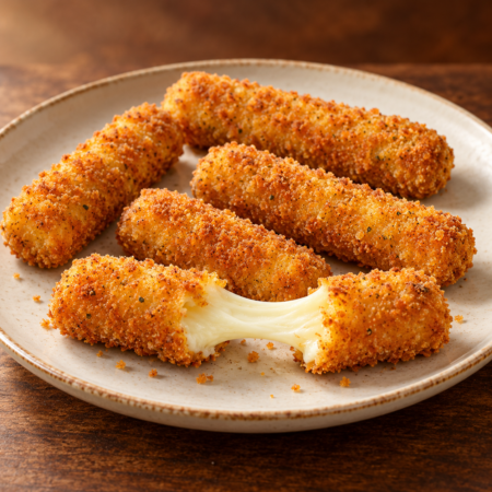 Bastones de mozzarella sin gluten dorados, con el queso fundido a la vista