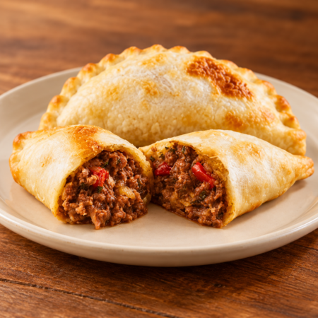 Empanadas de carne sin gluten horneadas, una abierta para mostrar el relleno.