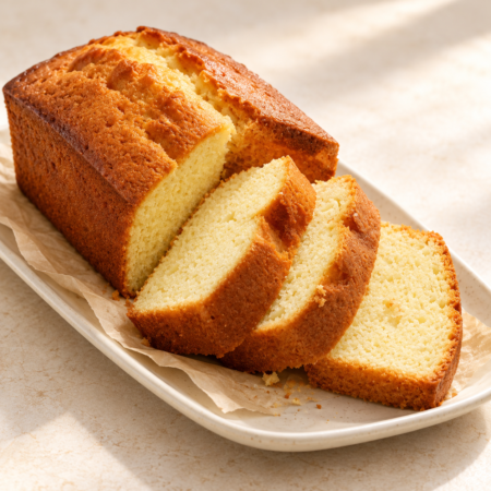 Budín de vainilla sin gluten RecoBeco con tres rebanadas sobre un plato