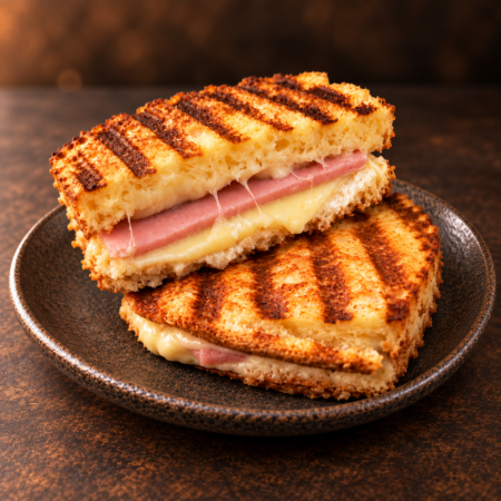 Sándwich caliente de jamón y queso sin gluten con pan tostado.