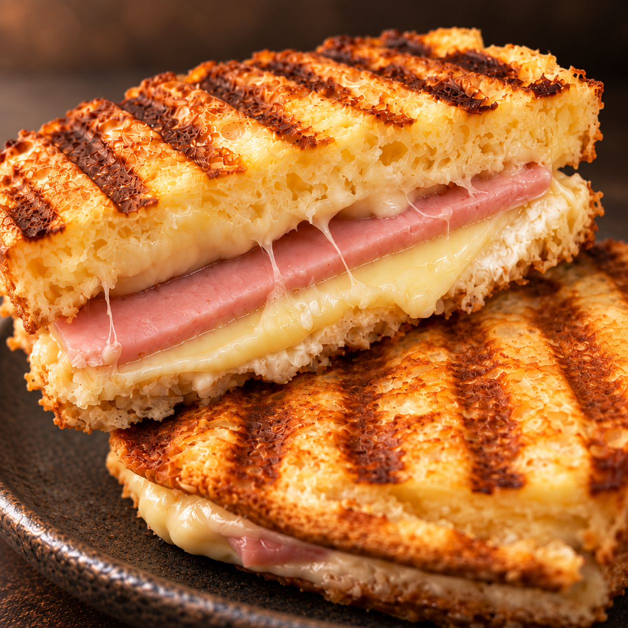 Sándwich caliente de jamón y queso sin gluten con pan tostado.