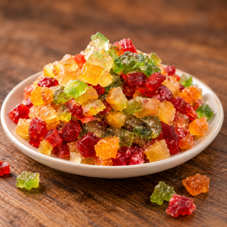 Fruta abrillantada de distintos colores sobre un plato de cerámica.