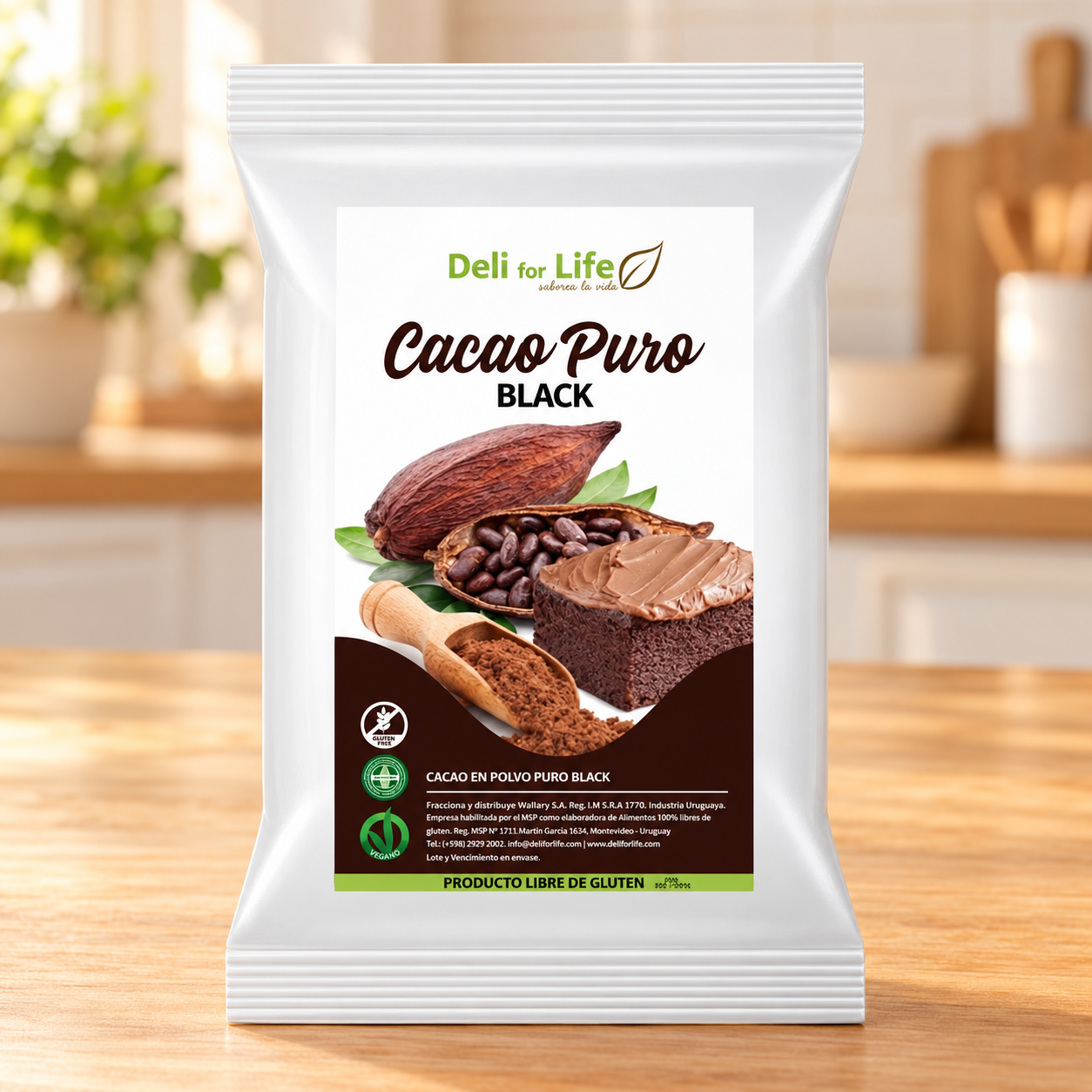 Paquete de Cacao Puro Black Deli for Life libre de gluten