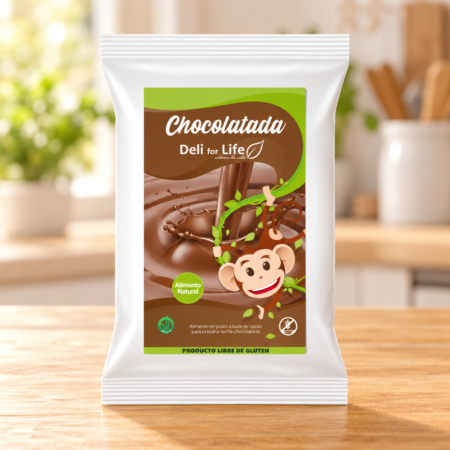 Paquete de Chocolatada Deli for Life libre de gluten sobre una mesa de madera