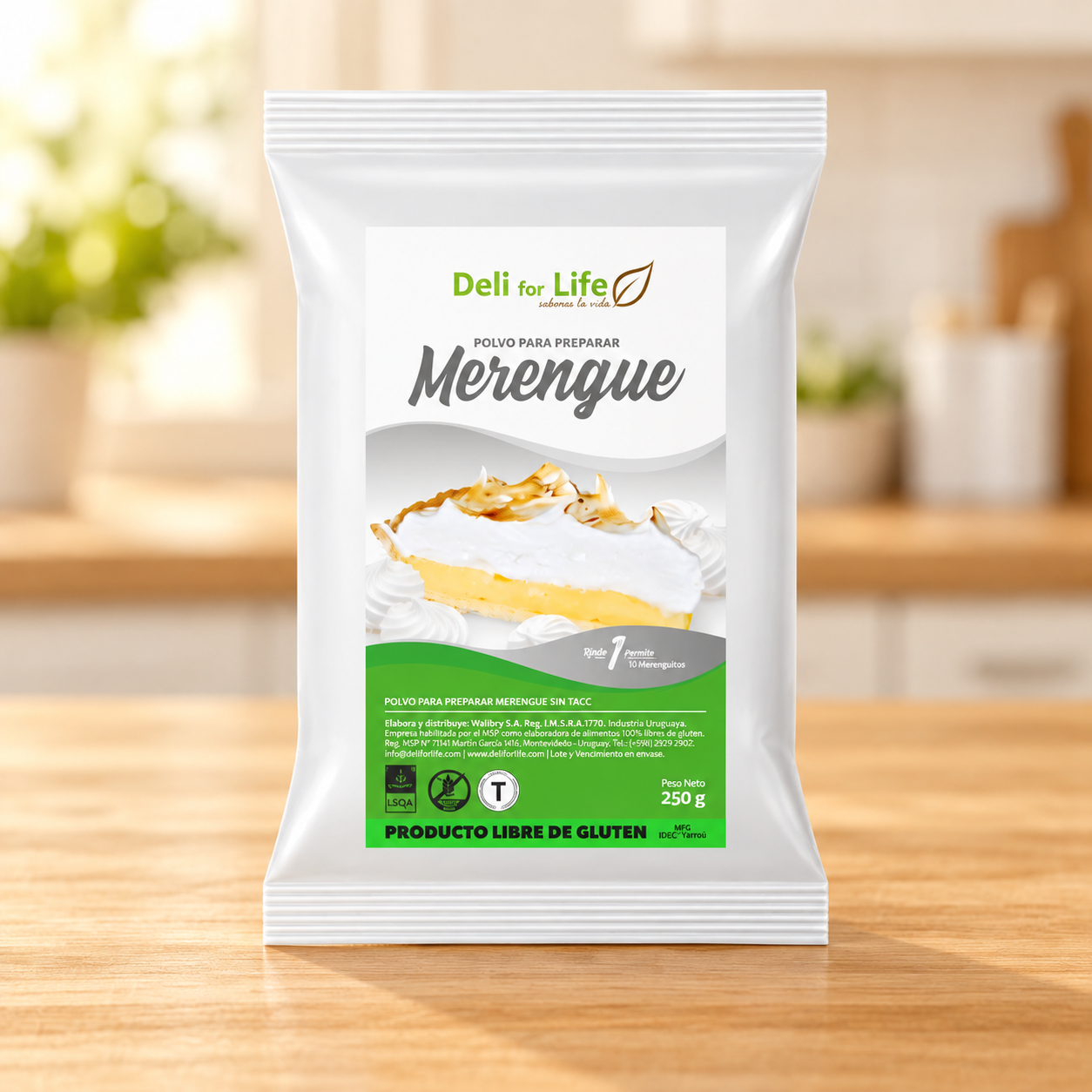 Paquete de polvo para preparar merengue sin gluten Deli for Life de 250 g