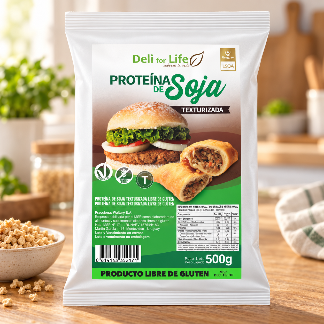 Envase de proteína de soja texturizada sin gluten Deli for Life de 500 g.