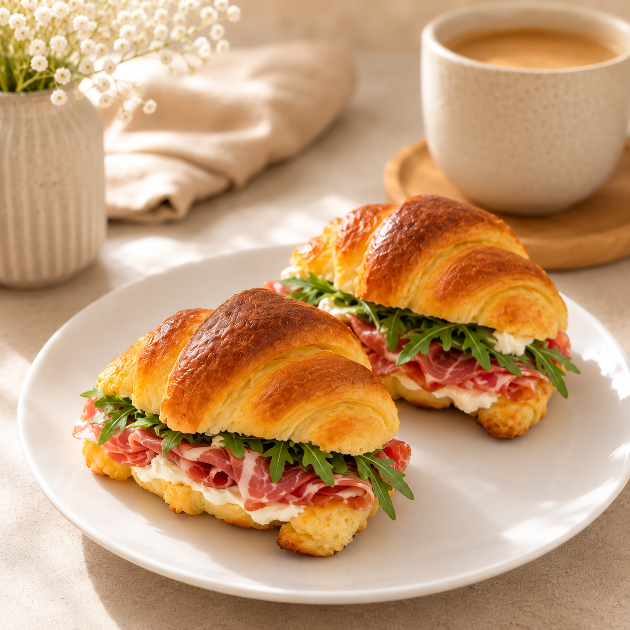 Medialuna sin gluten rellena de bondiola, rúcula y queso crema