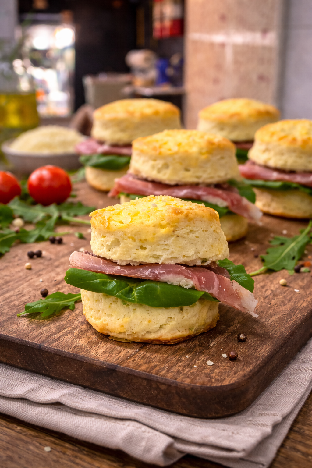 Scones rellenos de rúcula, bondiola y queso crema
