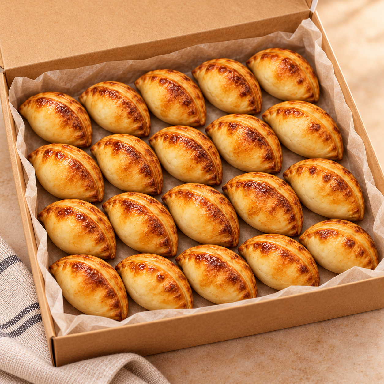 Caja de veinte empanaditas surtidas sin gluten para eventos