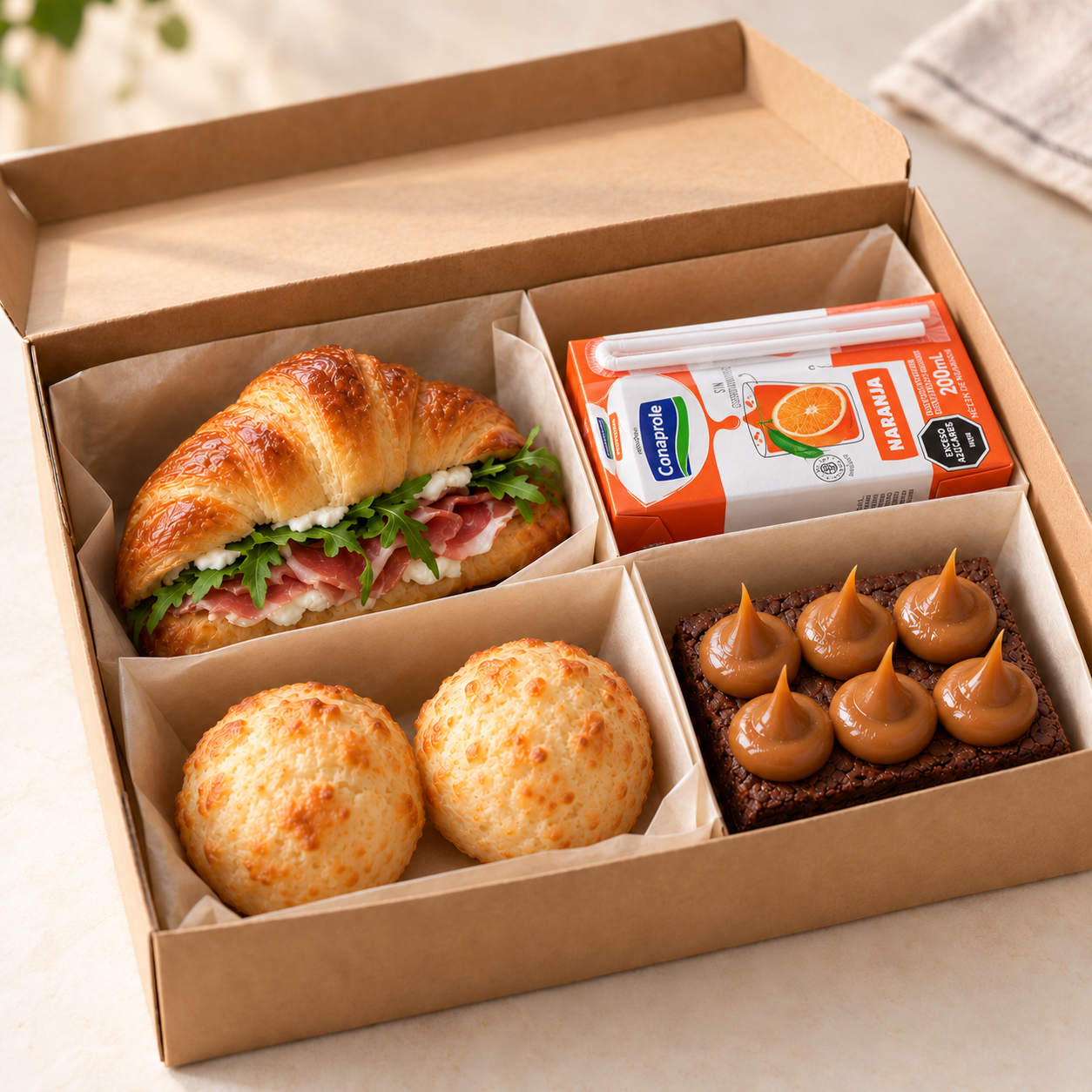 Merienda sin gluten con medialuna rellena, panes de queso, brownie y jugo