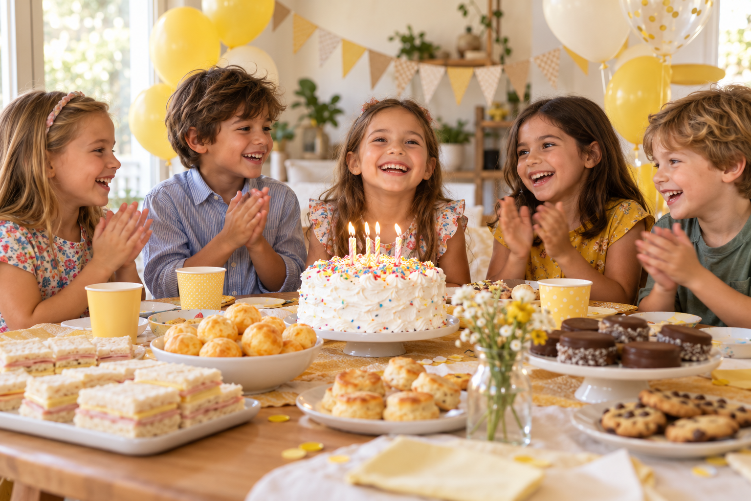 Escena ilustrativa de niños festejando un cumpleaños alrededor de una mesa con lunch y torta